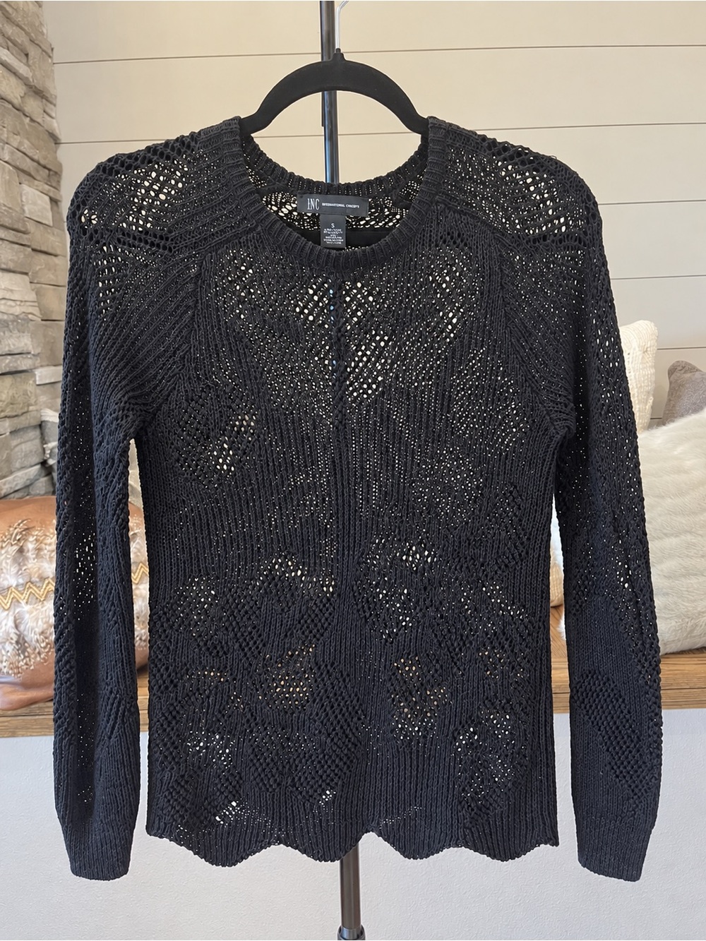 INC Black Open Knit Crochet Sweater Scalloped Hem S